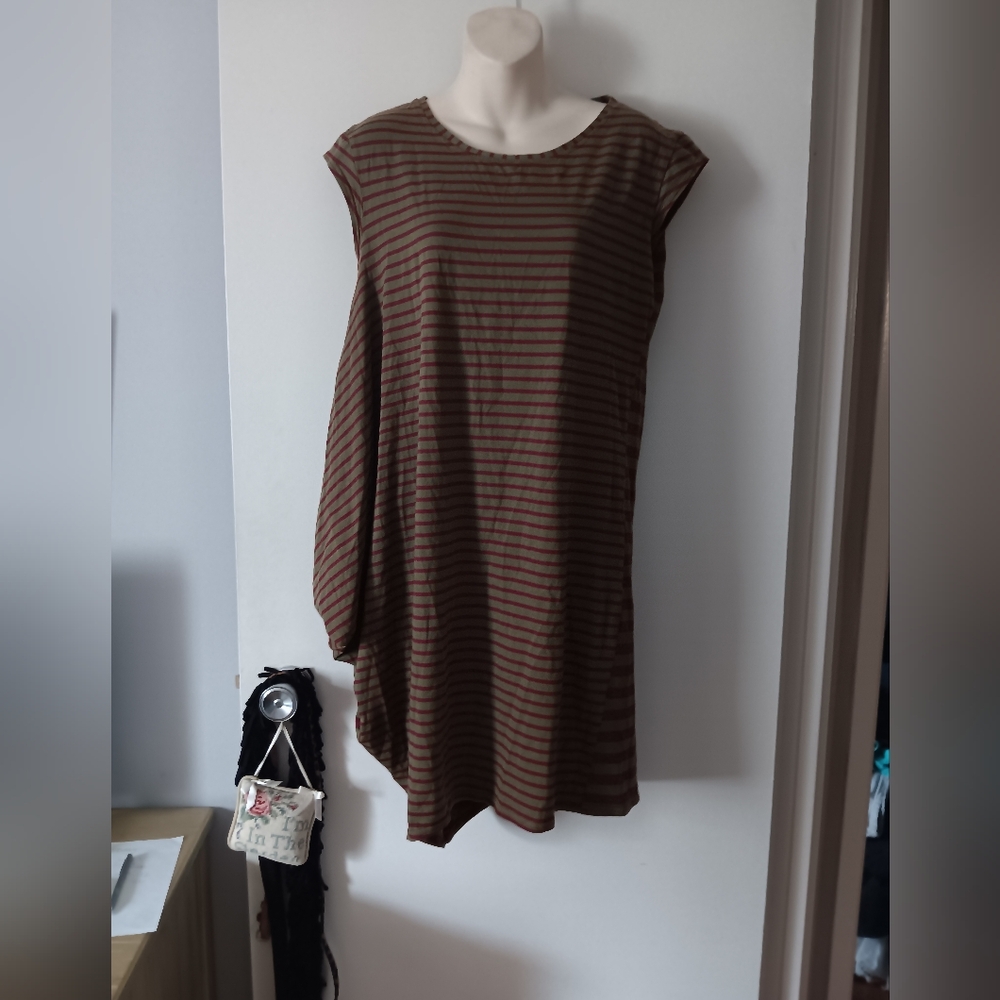 LILITH Burgundy & Chartreuse Striped Stretch Cotton Asymmetric Dress XS